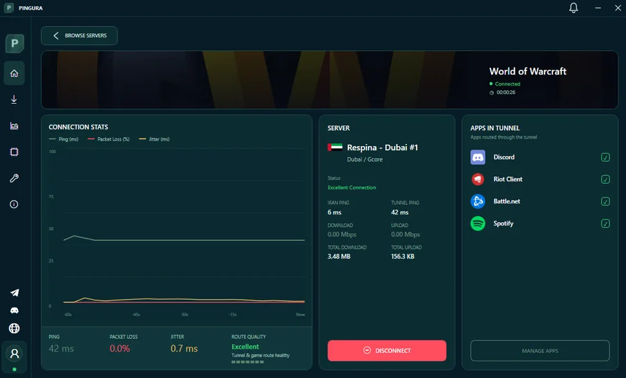 داشبورد اتصال پینگورا با نمودار Ping، Packet Loss و Jitter